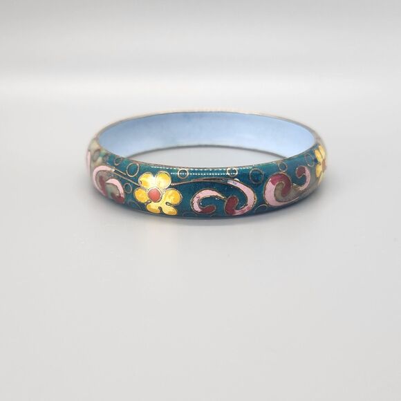 Enamel Floral Metal Bangle Bracelet Cuff Robert Kuo Unmarked Cloisonne Boho VTG - Picture 2 of 7